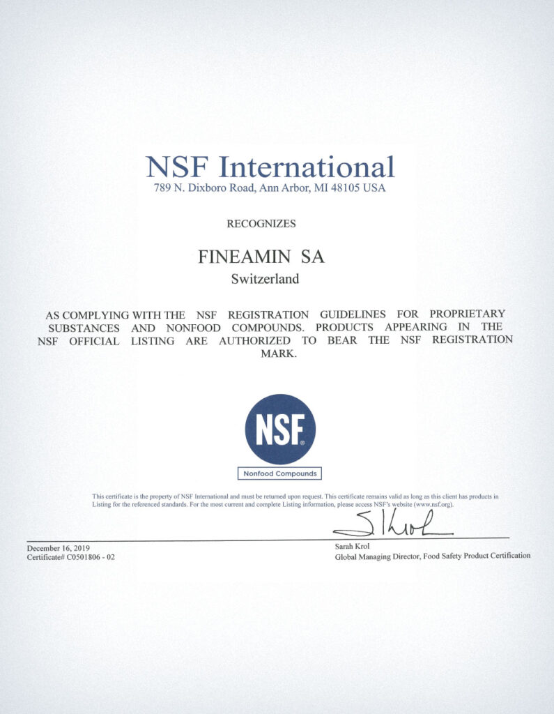 Certificación NSF Poliaminas Aditivos para el tratamiento del agua